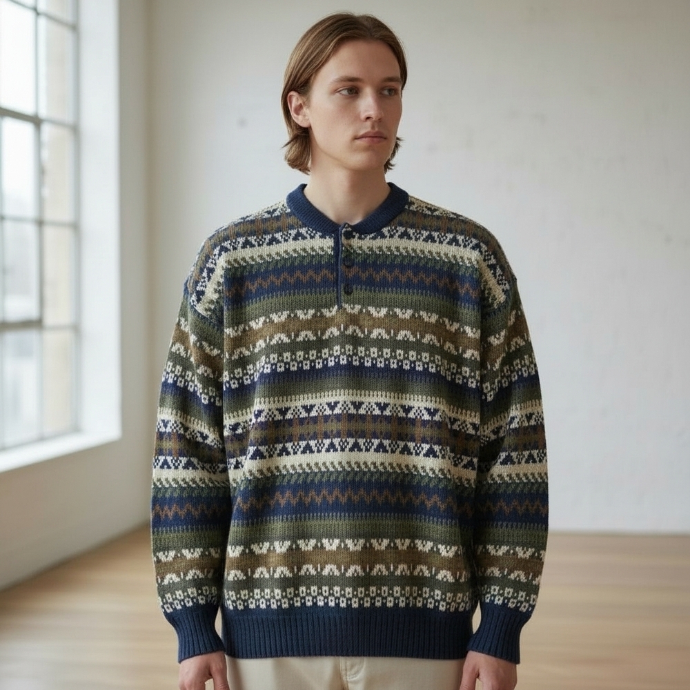 Y2K‎ Mens 2X Chunky Knit Henley Sweater Fair Isle Navy Striped Zig Zag Pullover